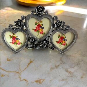 Floral Silver Heart Triple Photo Frame